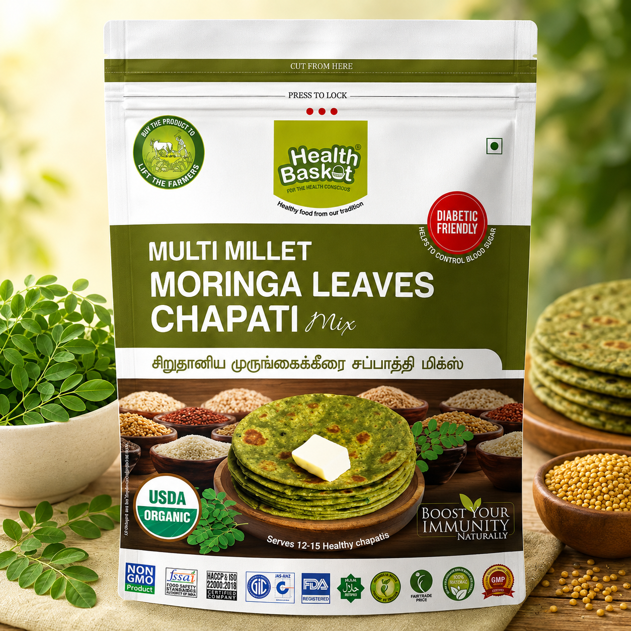 Health Basket Multi Millet Chapati Mix ( Moringa Leaves) 500g