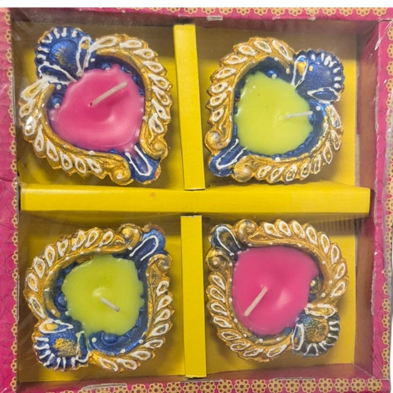 Diwali Clay Lamp (Fancy Diya Mix design) Wax Fill 4pc