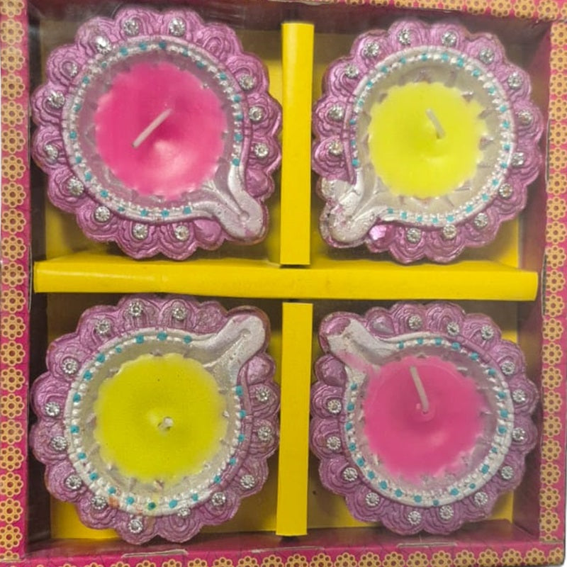 Diwali Clay Lamp (Fancy Diya Mix design) Wax Fill 4pc