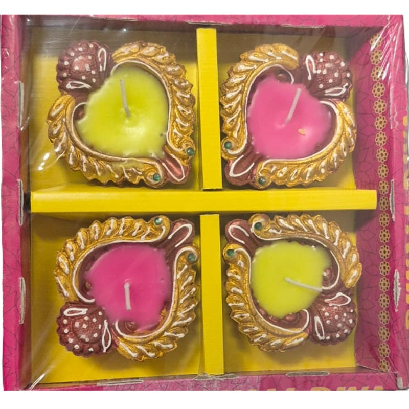 Diwali Clay Lamp (Fancy Diya Mix design) Wax Fill 4pc