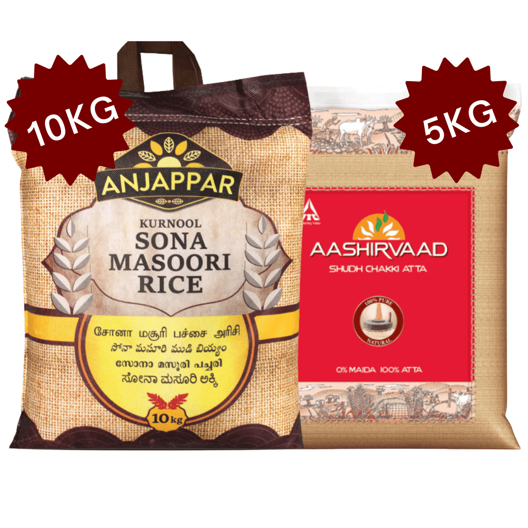 Anjappar Kurnool Sona Masoori Rice 10kg + Aashirvaad Atta 5kg