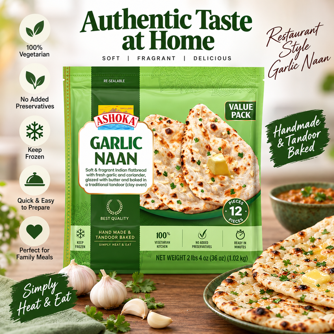 Ashoka Tandoori Naan Garlic Family Pack (Frozen) 1,02Kg(12Pcs)