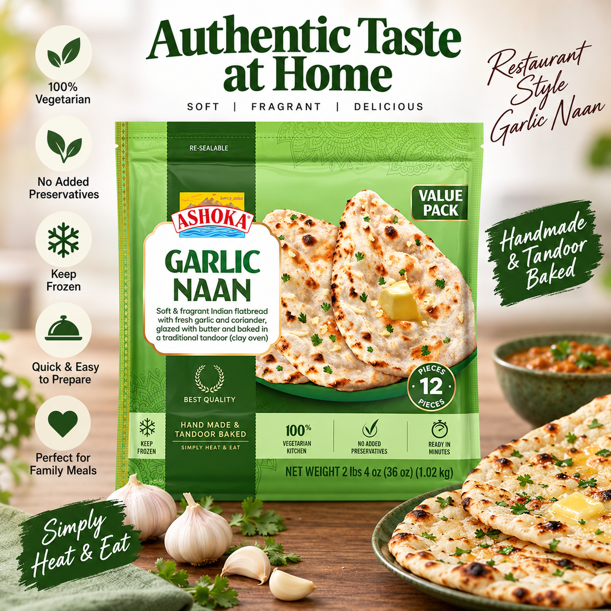 Ashoka Tandoori Naan Garlic Family Pack (Frozen) 1,02Kg(12Pcs)