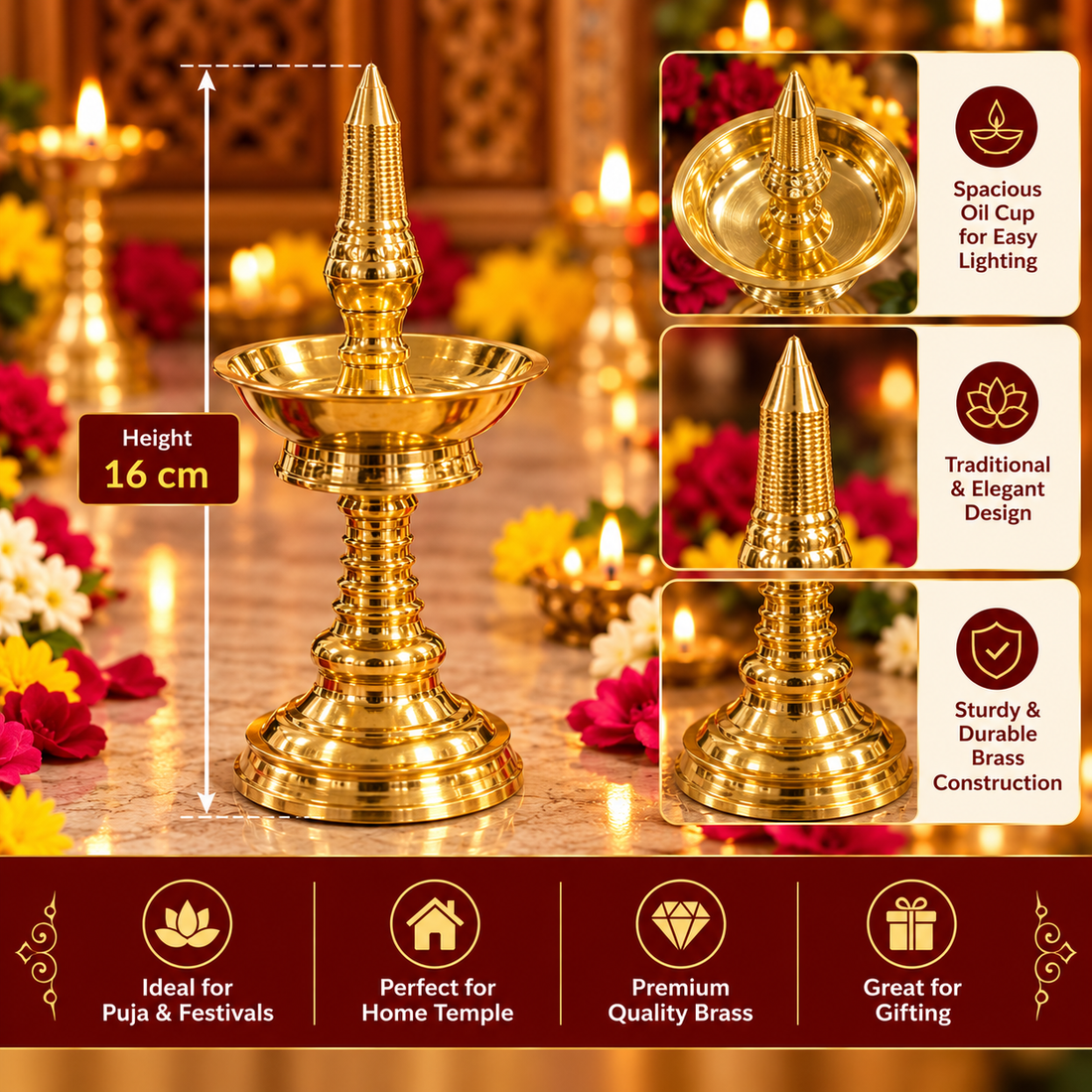 Brass Fancy Kerla Kuthu Vilaku No 6 (Height 16cm) 1pc