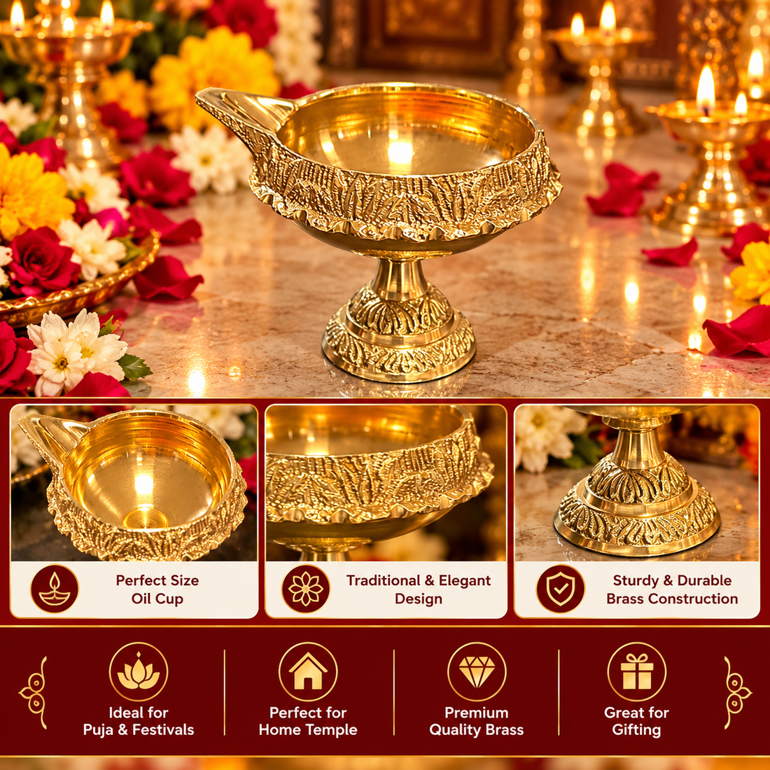 Brass Kuber Diya With Stand  (small/Dia:5cm) 1pc