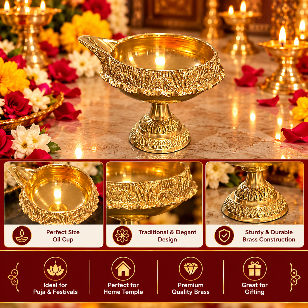 Brass Kuber Diya With Stand  (small/Dia:5cm) 1pc