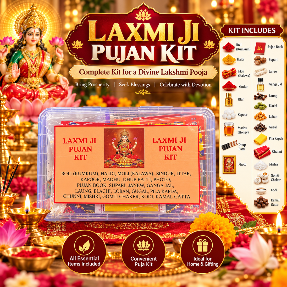 Laxmi Ji Pujan Kit retail package shown in a clear plastic box with a printed front label, set against a highly decorative golden and red festive background with a seated goddess image, flowers, and a &