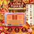 Laxmi Ji Pujan Kit retail package shown in a clear plastic box with a printed front label, set against a highly decorative golden and red festive background with a seated goddess image, flowers, and a &