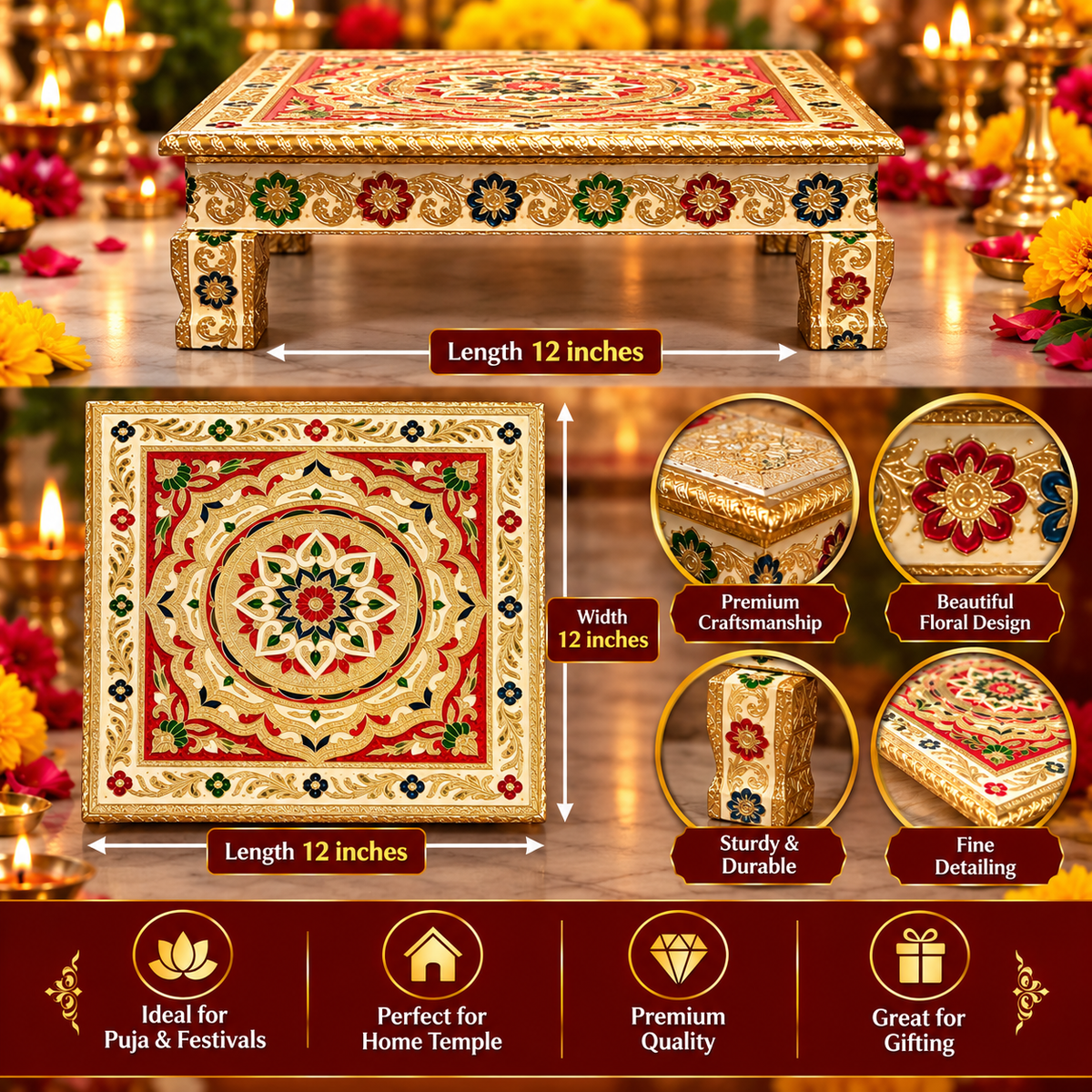 An ornate rectangular decorative box or altar table with a highly detailed red, gold, and green mandala-style floral pattern, shown on a warm lit background with dimension callouts reading 12 inches by 12 inches and feature badges.