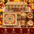An ornate rectangular decorative box or altar table with a highly detailed red, gold, and green mandala-style floral pattern, shown on a warm lit background with dimension callouts reading 12 inches by 12 inches and feature badges.