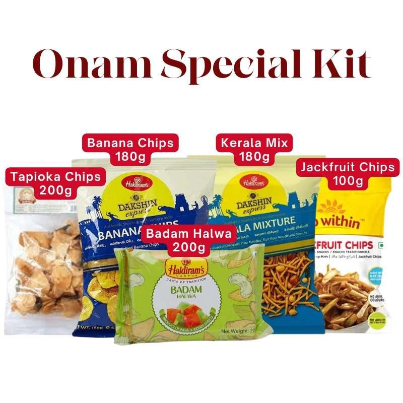 Onam Special Savoury Kit (Dakshin Banana Chips 180g, Bombay Halwa 200g, Dakshin Kerala Mix 180g, Tapioka Chips 200g )