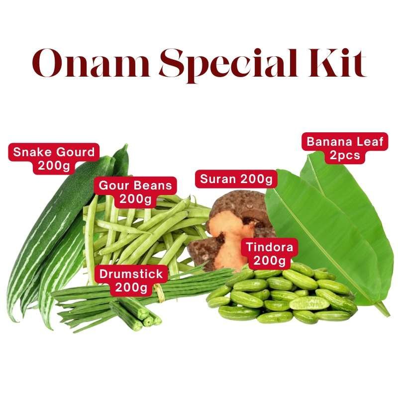 Onam Sadhya Fresh Veg Kit (Gour Beans 200g, Snake Gourd 200g, Elephant Yam/Suran 200g, Drum stick 200g, Tindora 200g, Banana Leaf small 2  )