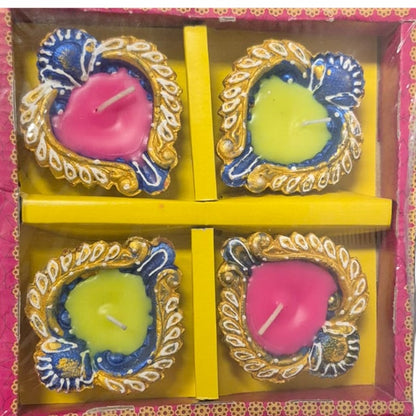Diwali Clay Lamp (Fancy Diya Mix design)  Wax Fill  4pc