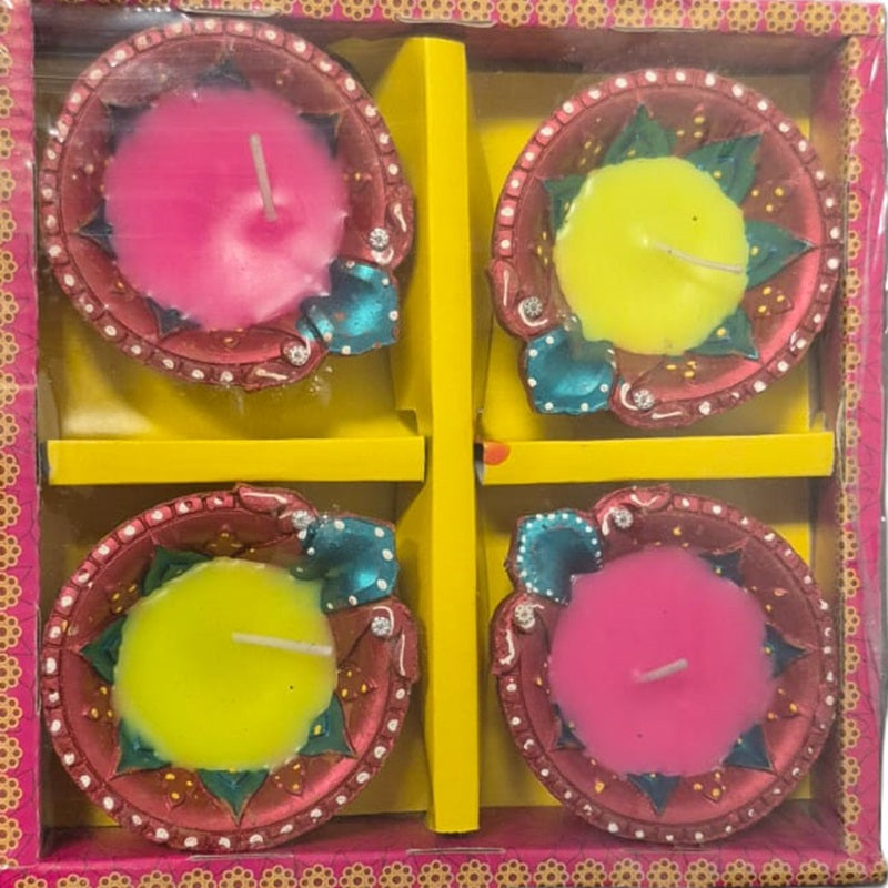 Diwali Clay Lamp (Fancy Diya Mix design)  Wax Fill  4pc