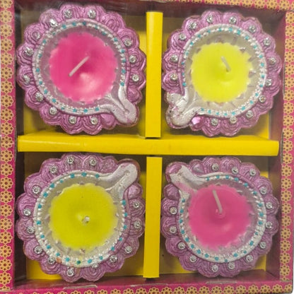 Diwali Clay Lamp (Fancy Diya Mix design)  Wax Fill  4pc