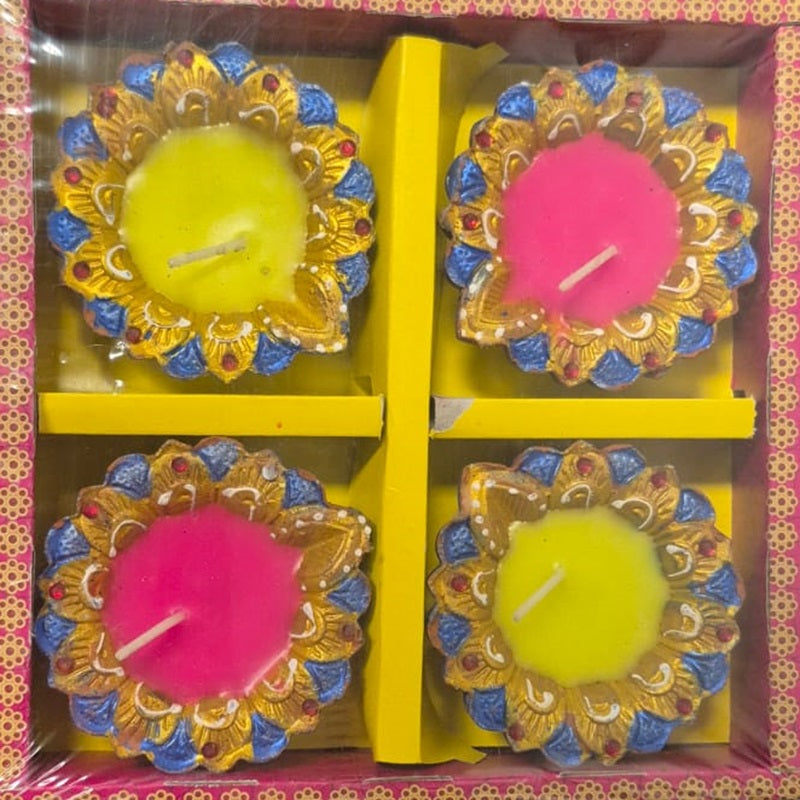 Diwali Clay Lamp (Fancy Diya Mix design)  Wax Fill  4pc