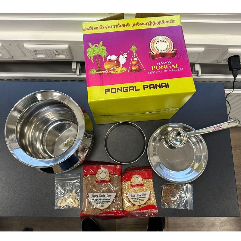 Special Pongal Preperation Kit 1 (Steel bowl set with spoon and stand, Jaggery powder 250g, Roasted Moong dal 75g, Rasins20g, Cashew20g, Elaichi 10g)